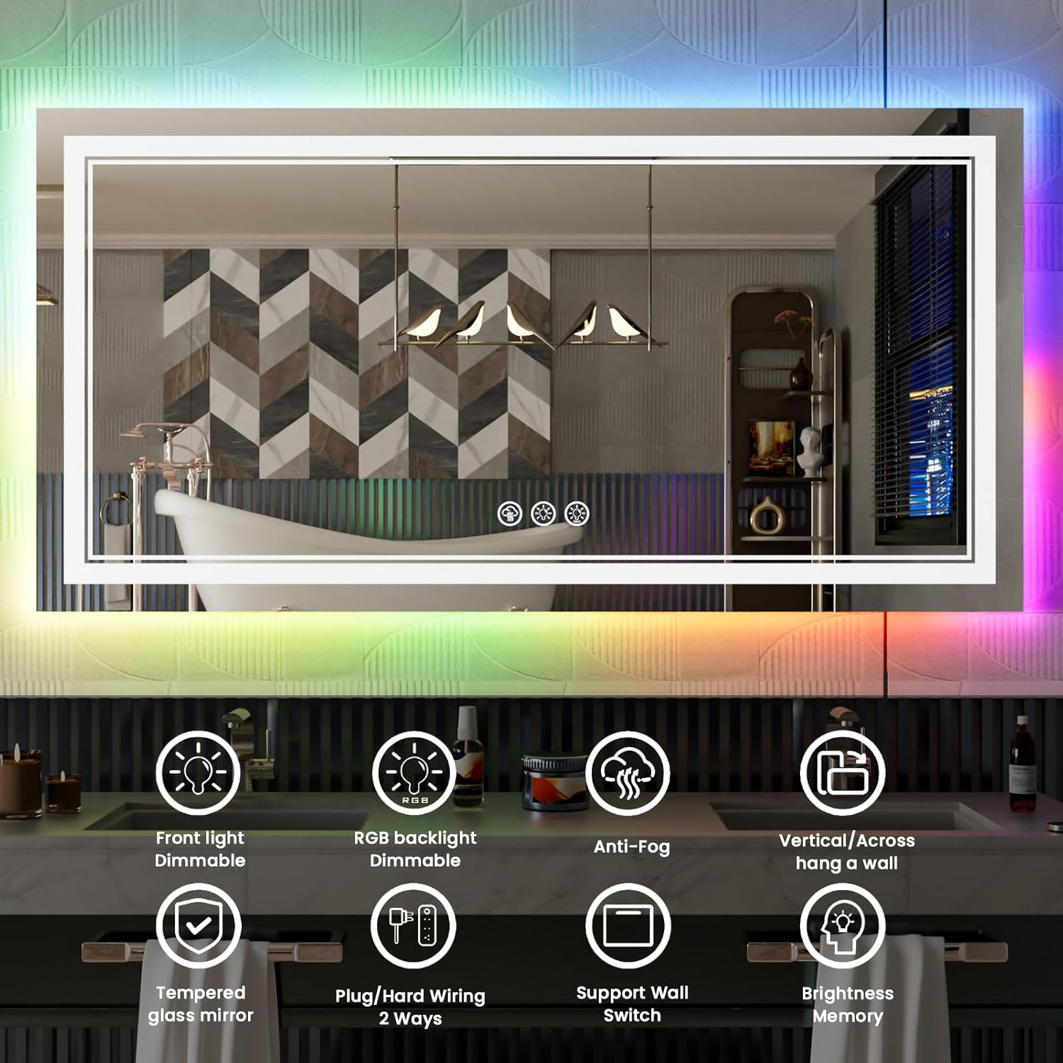 84x32 Inch LED Bathroom Mirror with Lights, Color Changing RGB Backlit Mirror,Large Lighted Vanity Mirrors for Bathroom Wall, Dimmable, Anti-Fog (RGB Backlit+Front-Lit)