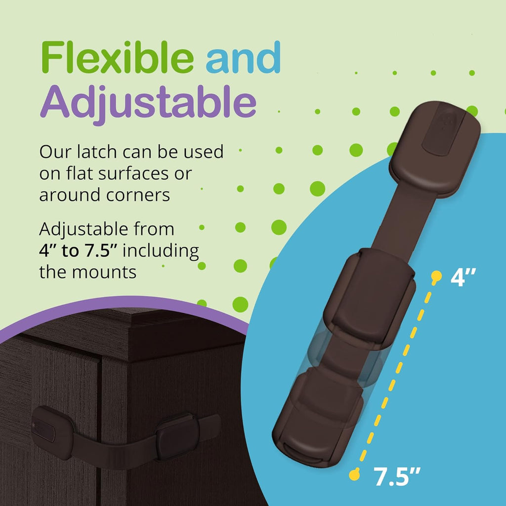 Adjustable & Reusable Child Safety Cabinet Locks & Latches, Baby Proofing Door Window, Cabinet, Toilet, & Refrigerator Lock, Child Safety Strap Locks with Adhesive Pads, Pack of 6, Brown - Wonderkid