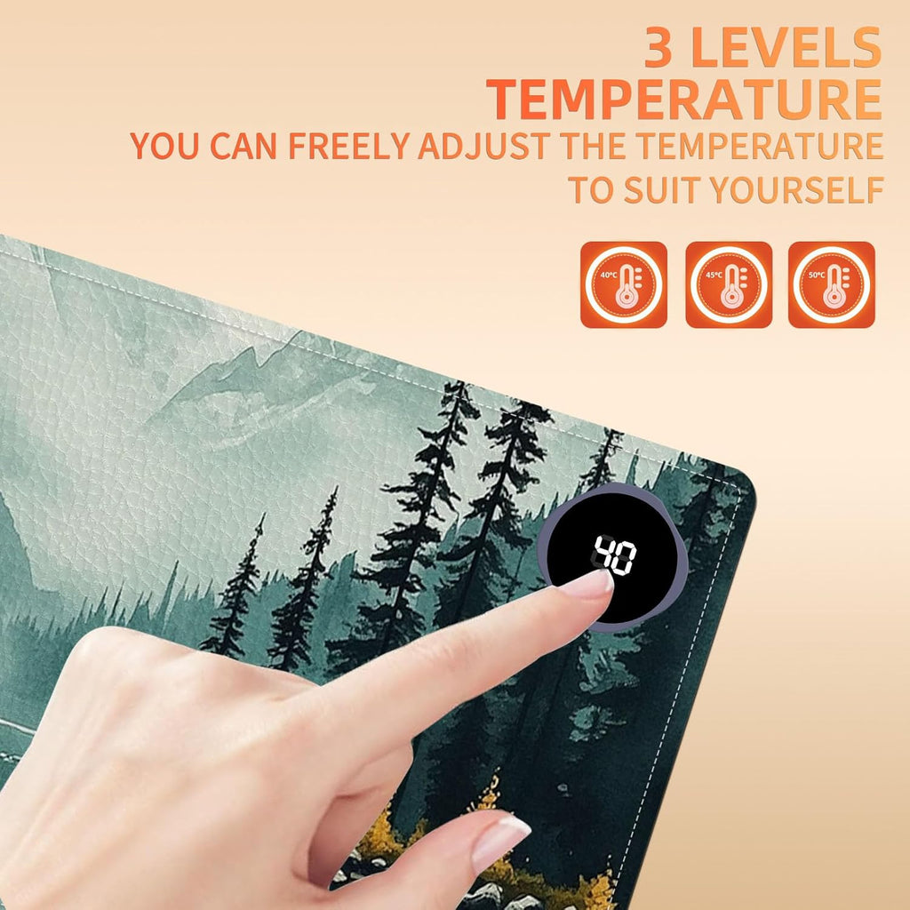 Heated Mouse Pad 31.5x13 in 3-Temp Fast Heating Desk Mat with Auto Timer Warmer for Hands Wrist Pain Relief Waterproof Keyboard Mat for Office, Gaming, Home, Forest Reflections