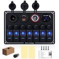 7 Gang Marine Boat Switch Panel with Dual USB Charger & Voltmeter, Waterproof Aluminum Rocker Switch Panel for Marine Automotive Truck RV Trailer with Lighter Socket Press Protector, 12/24V Black