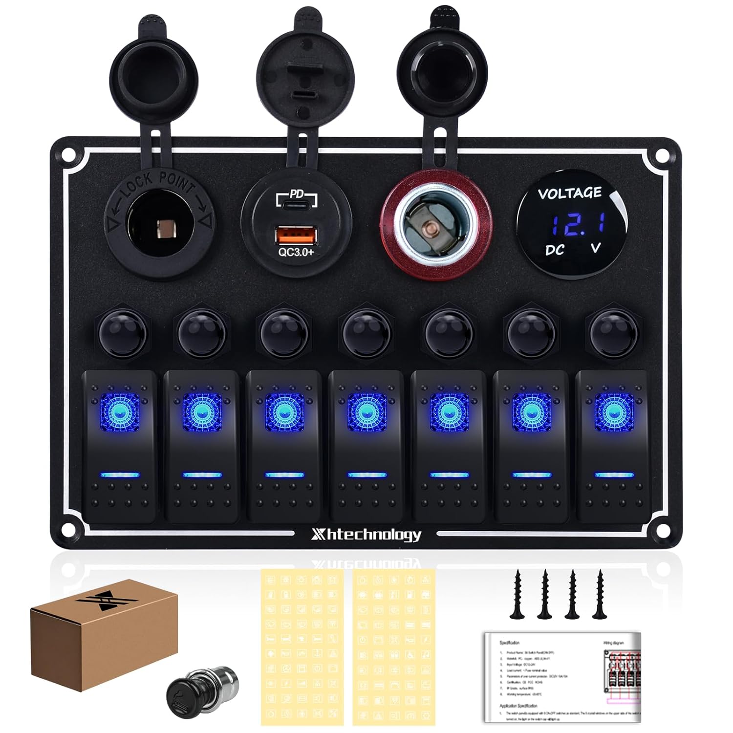 7 Gang Marine Boat Switch Panel with Dual USB Charger & Voltmeter, Waterproof Aluminum Rocker Switch Panel for Marine Automotive Truck RV Trailer with Lighter Socket Press Protector, 12/24V Black