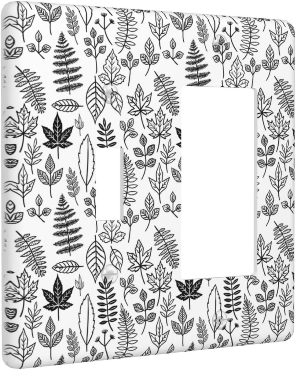 Black White Leaf Wheat Maple Leaf Plant Outlet Covers 1 Toggle 1 Rocker Combination Light Switch Cover Plate Decorative Wall Plate Electrical Switch Plates for Bedroom Bathroom Decor