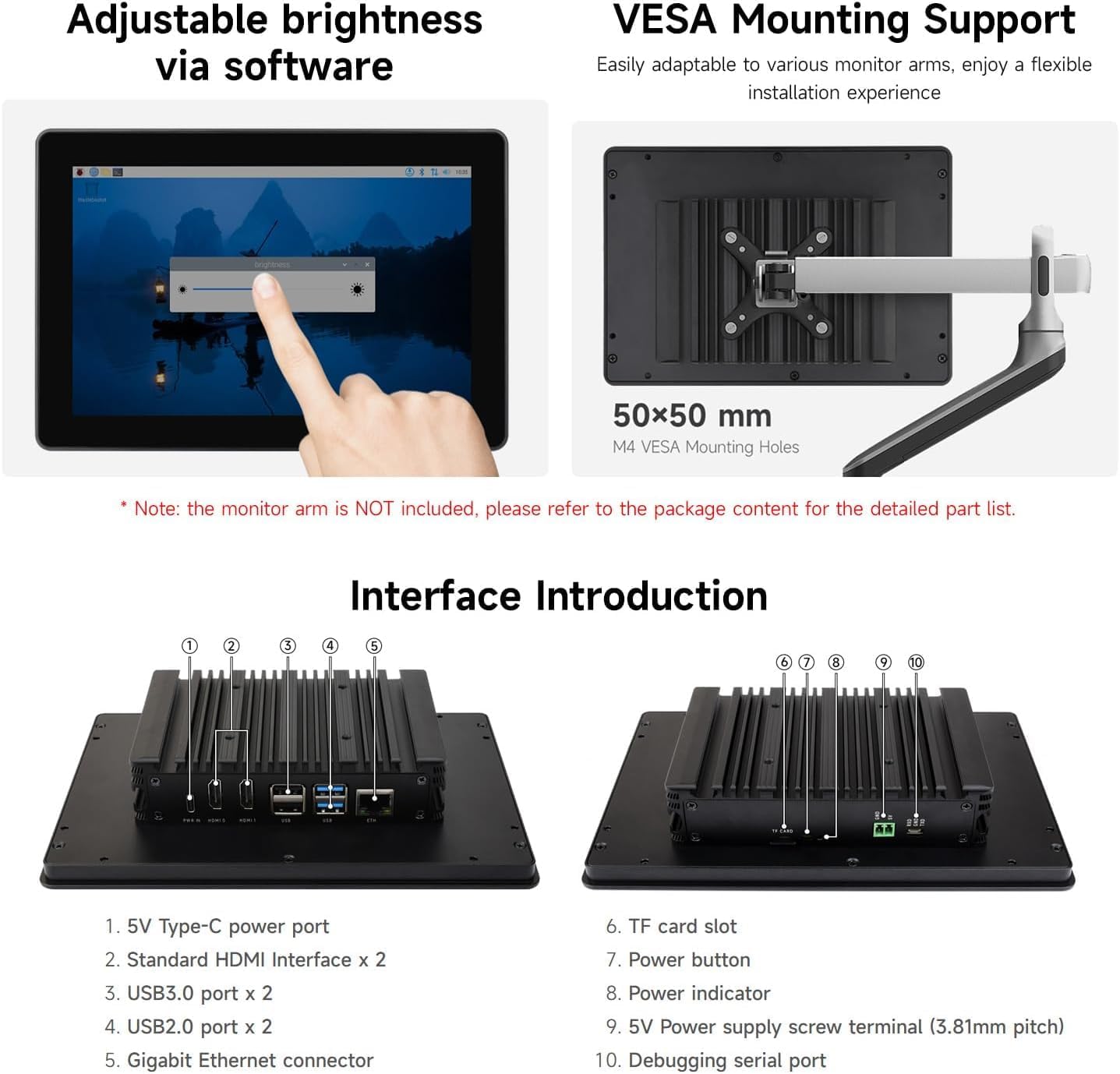 Industrial HMI All-in-one 10.1inch Touch Display Compatible with Raspberry Pi (Not Included), Supports Dual 4K HDMI Output, 10-Point Touch, Aluminum Alloy Case @XYGStudy (RPI-HMI-101D-ACCE)