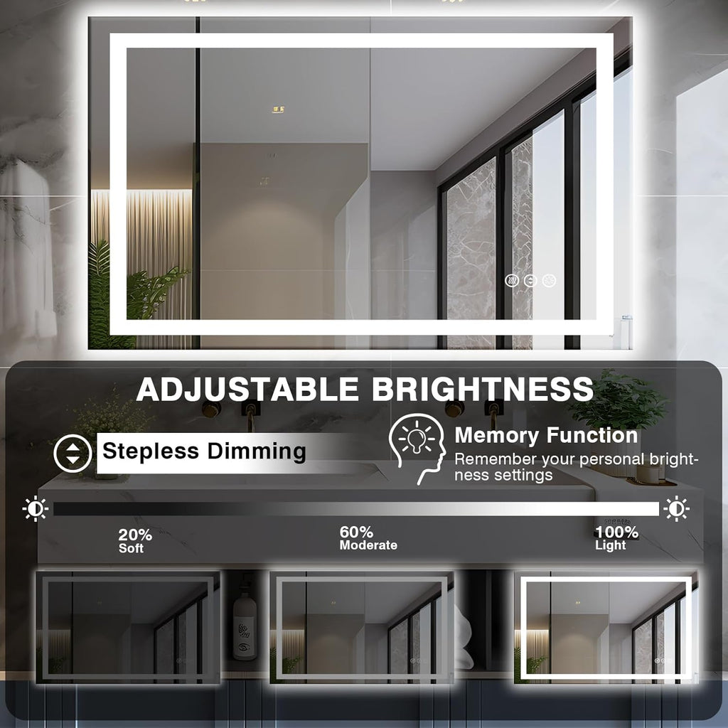 48"x30" LED Bathroom Mirror with Front & Backlit, Anti-Fog, Dimmable, Plugin/Hardwired, Shatterproof & Corrosion Proof, Wall Mount, Modern Style