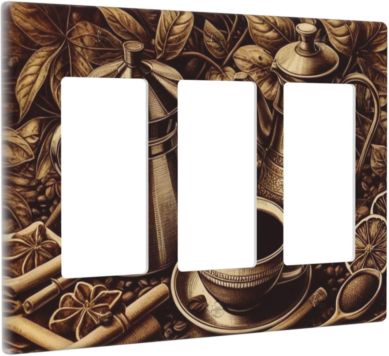 Decorative Outlet Covers Vintage Coffee Beans Leaf Cup 3 Gang Wall Plate Triple Rocker Light Switch Cover Plate Jumbo Electrical GFCI Faceplate for Kitchen Home Decor