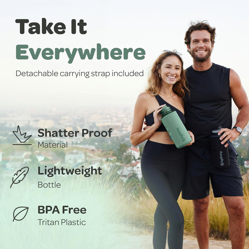 Hydracy Water Bottle with Time Marker -Large BPA Free Water Bottle & No Sweat Sleeve -Leak Proof Gym Bottle with Fruit Infuser Strainer & Times to Drink -Ideal for Fitness Sports & Outdoors