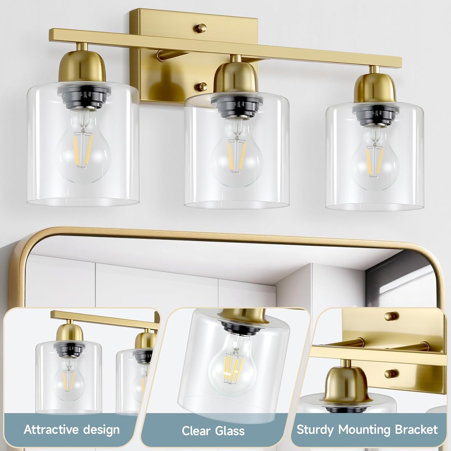 Modern Brushed Gold 3 Light Bathroom Light Fixtures, 19 inch Vanity Lights for Bathroom with Clear Glass, Bathroom Lighting Fixtures Over Mirror for Mirror Kitchen Living Room
