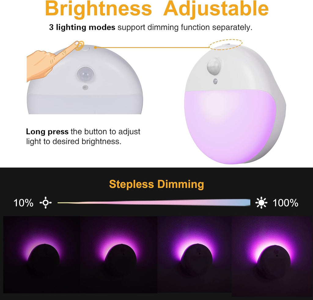 2 Pack Purple Battery Night Light, Motion Activated Night Light, 2.6" Small Sticky Lights, 3 Light Modes, Dimmable Calming Glow for Meditation, Relaxation, Bathroom, Bedroom, Travel, Violet