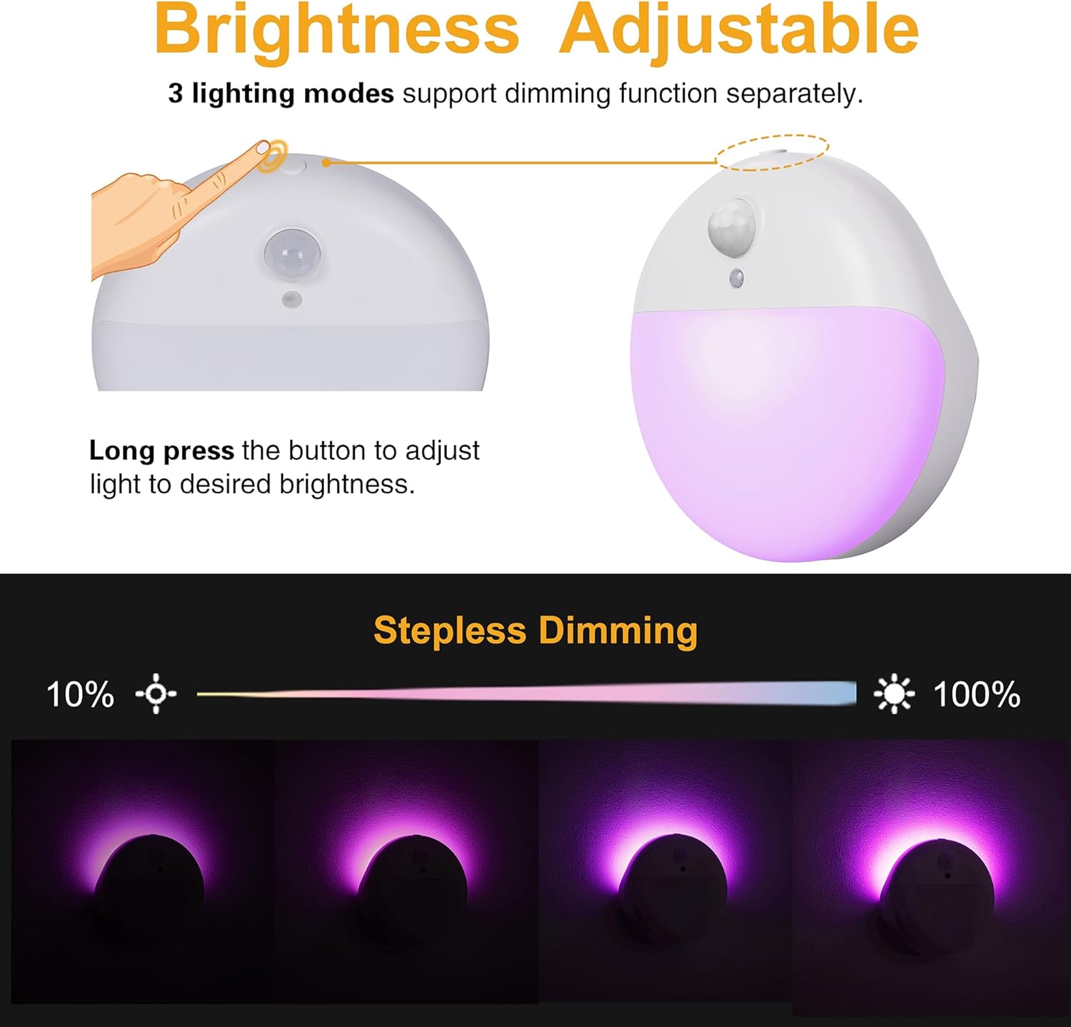 2 Pack Purple Battery Night Light, Motion Activated Night Light, 2.6" Small Sticky Lights, 3 Light Modes, Dimmable Calming Glow for Meditation, Relaxation, Bathroom, Bedroom, Travel, Violet