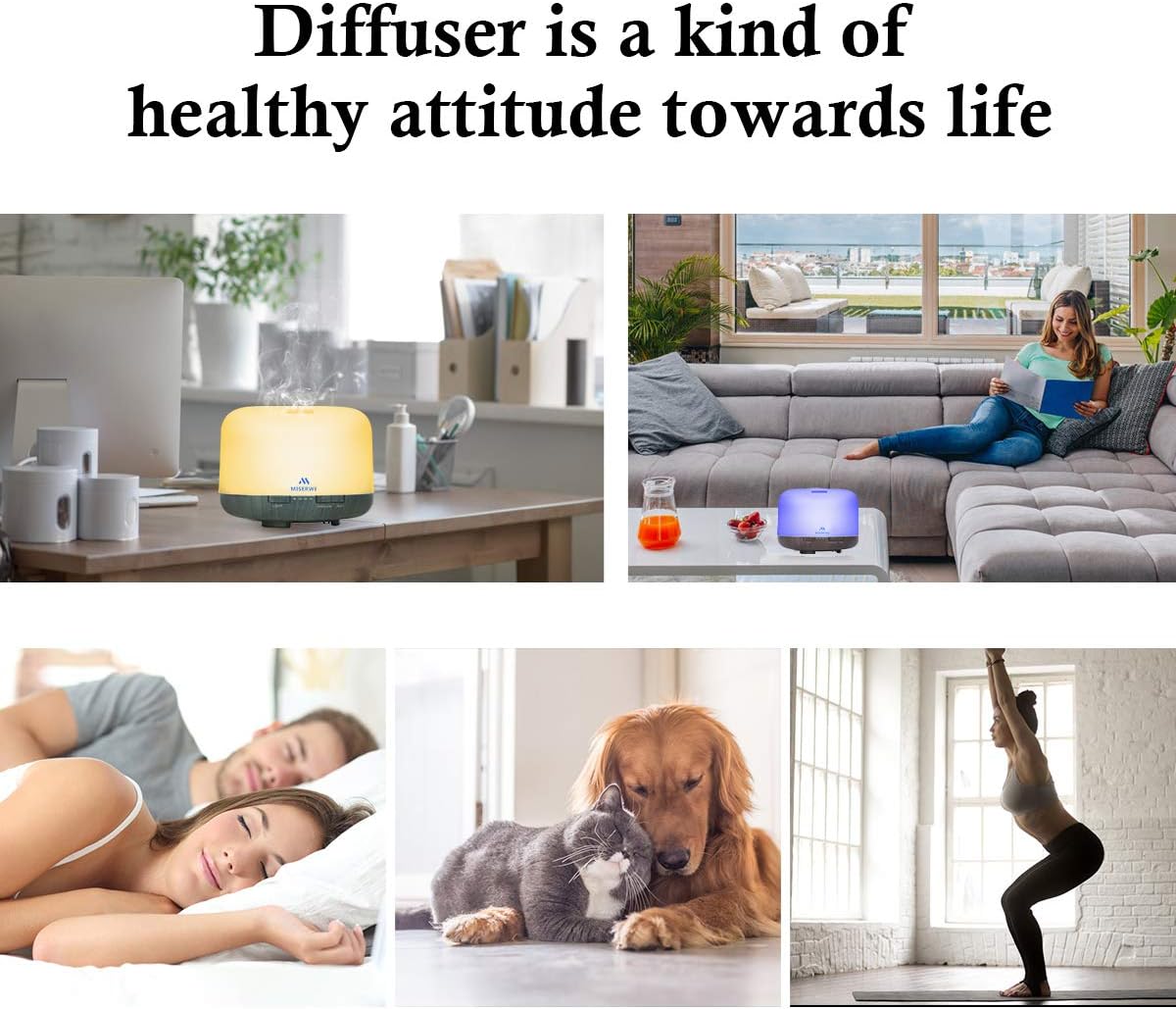 Miserwe Diffuser 500ML Essential Oil Diffuser with Adjustable Mist Mode and 4 Timer Setting Diffuser for Essential Oils Waterless Auto Shut-Off for Home Office Yoga Spa