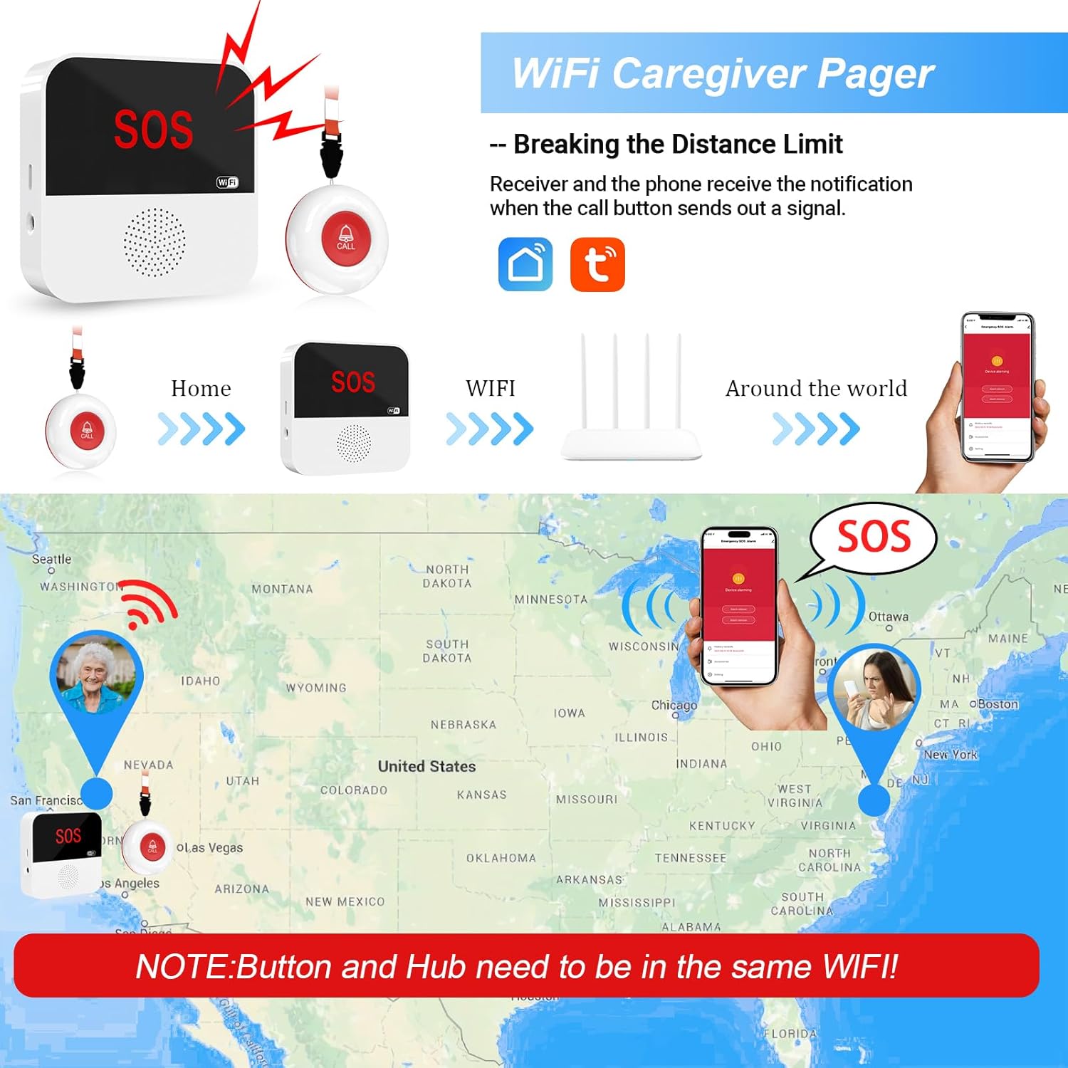 WiFi Rechargable Smart Wireless Caregiver Pager Call Button System Nurse Calling Alert System for Elderly Patient Seniors Disabled Kids 2 SOS Panic Buttons 1 Receiver (only Supports 2.4GHz Wi-Fi)
