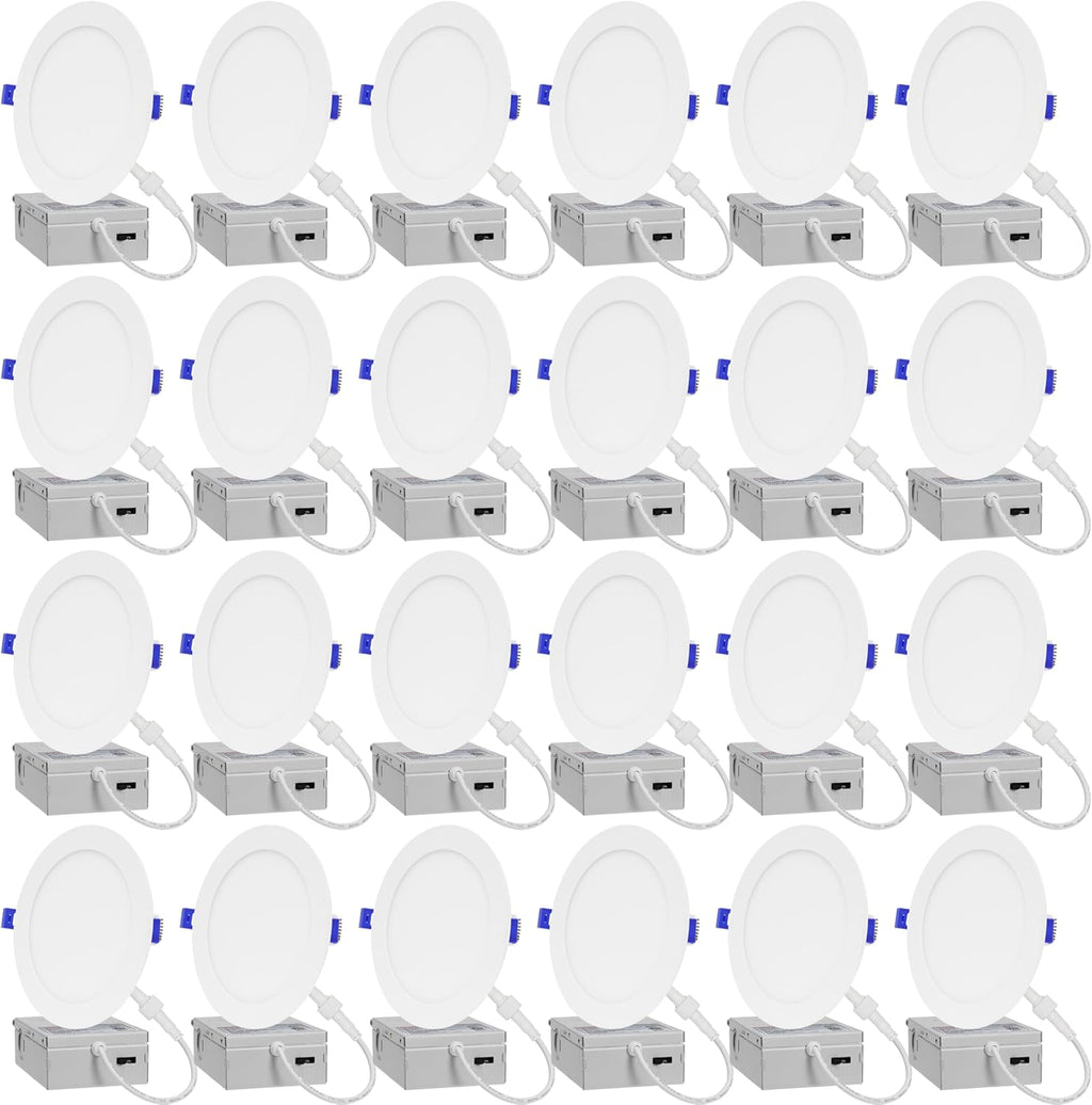 LAMPHOME 24-Pack of 6-Inch Slim LED Recessed Lights with Junction Box, Adjustable Color Temperatures (2700K-5000K), 12W Equivalent to 110W, Dimmable, 1050LM Brightness - ETL and Energy Star Certified