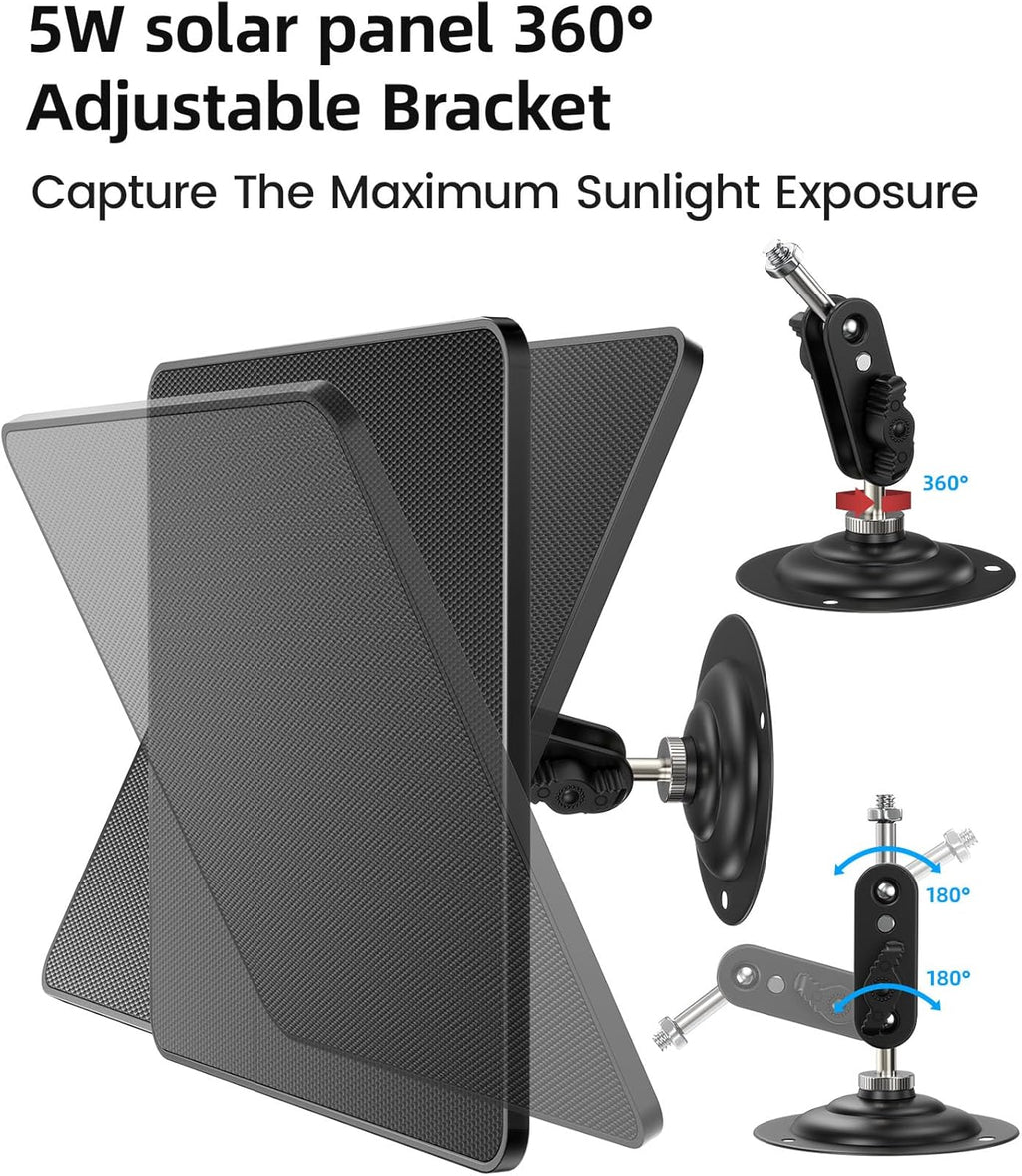 KJK 6W Solar Panels for Security Camera, Solar Battery Charger with Micro USB & USB-C Port for DC 5V Outdoor Rechargeable for Ring Camera, IP66 Waterproof, 360° Adjustable Security Mount