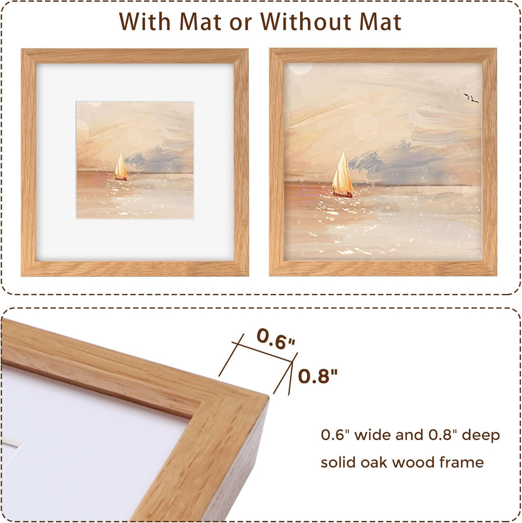 12x12 Picture Frame, Solid Oak Wood 12"x12" Photo Frame for Wall, 12 x 12 Frame Matted to 8 x 8, Square 12x12 Frame, Tempered Real Glass, 12 x 12 Collage Gallery Frames - Natural Oak Color, 1 Pack