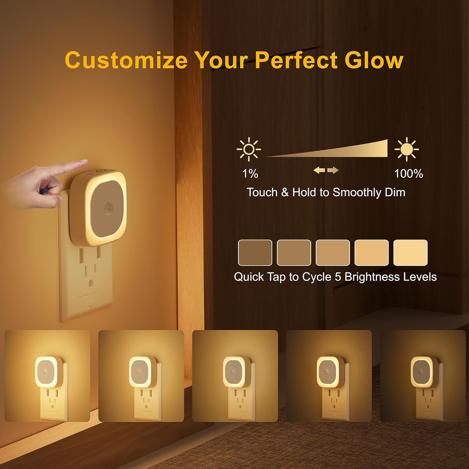 2 Pack Plug in Night Light with Motion Sensor & Dusk to Dawn Sensor, 3 Sensor Modes, Dimmable Night Lights Plug into Wall, Warm White Nightlight for Kids, Bathroom, Bedroom, Kitchen, Indoor