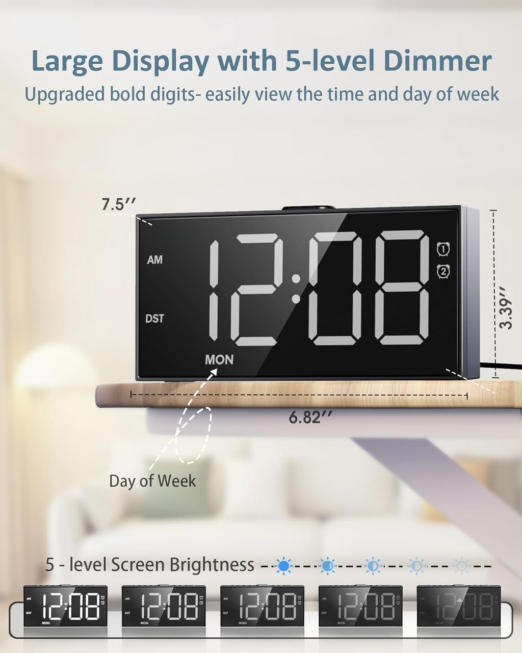 Alarm Clock for Bedroom Heavy Sleepers, Dual Alarms,Weekday/Weekend/Everyday,7.5''LED Large Display,5 Dimmer,Digital Clock with Snooze, 5 Volume,Type C & USB Chargers,Snooze,Battery Backup,Easy to Use