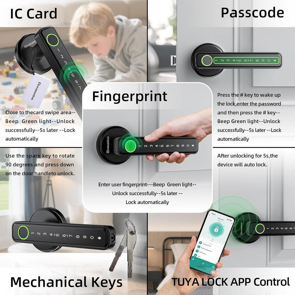Fingerprint Door Lock Smart Door Lock with Keypad Keyless Entry Door Lock with Handle for Home Hotel Office Apartment Bedroom with Alexa (Black app Unlock) Ekwansetion