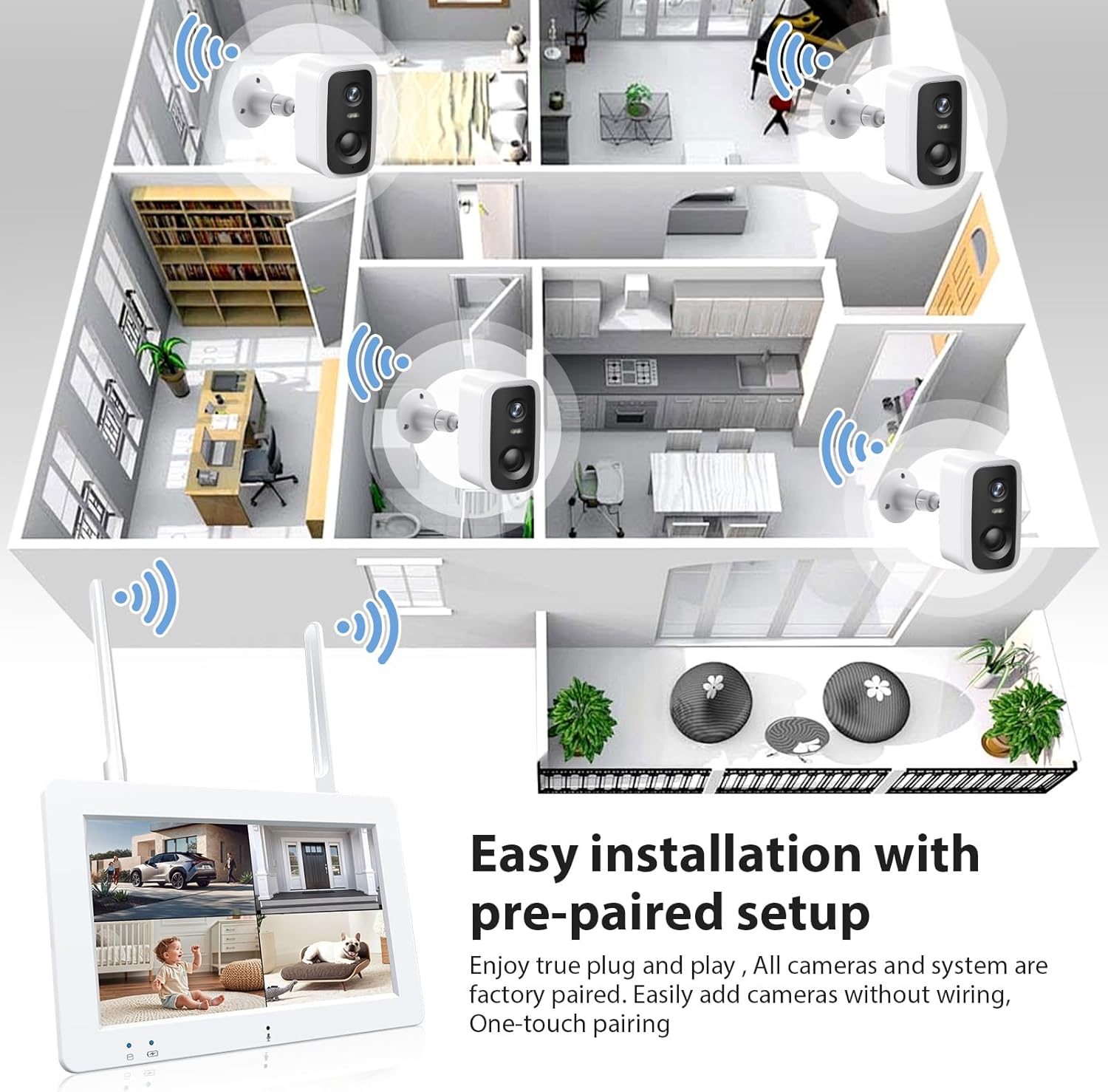 Wireless Security Camera System with 7" Touchscreen Monitor & 2PCS 4MP Security Cameras,Indoor Outdoor Camera 2-Way Audio,Color Night Vision,Motion Detection