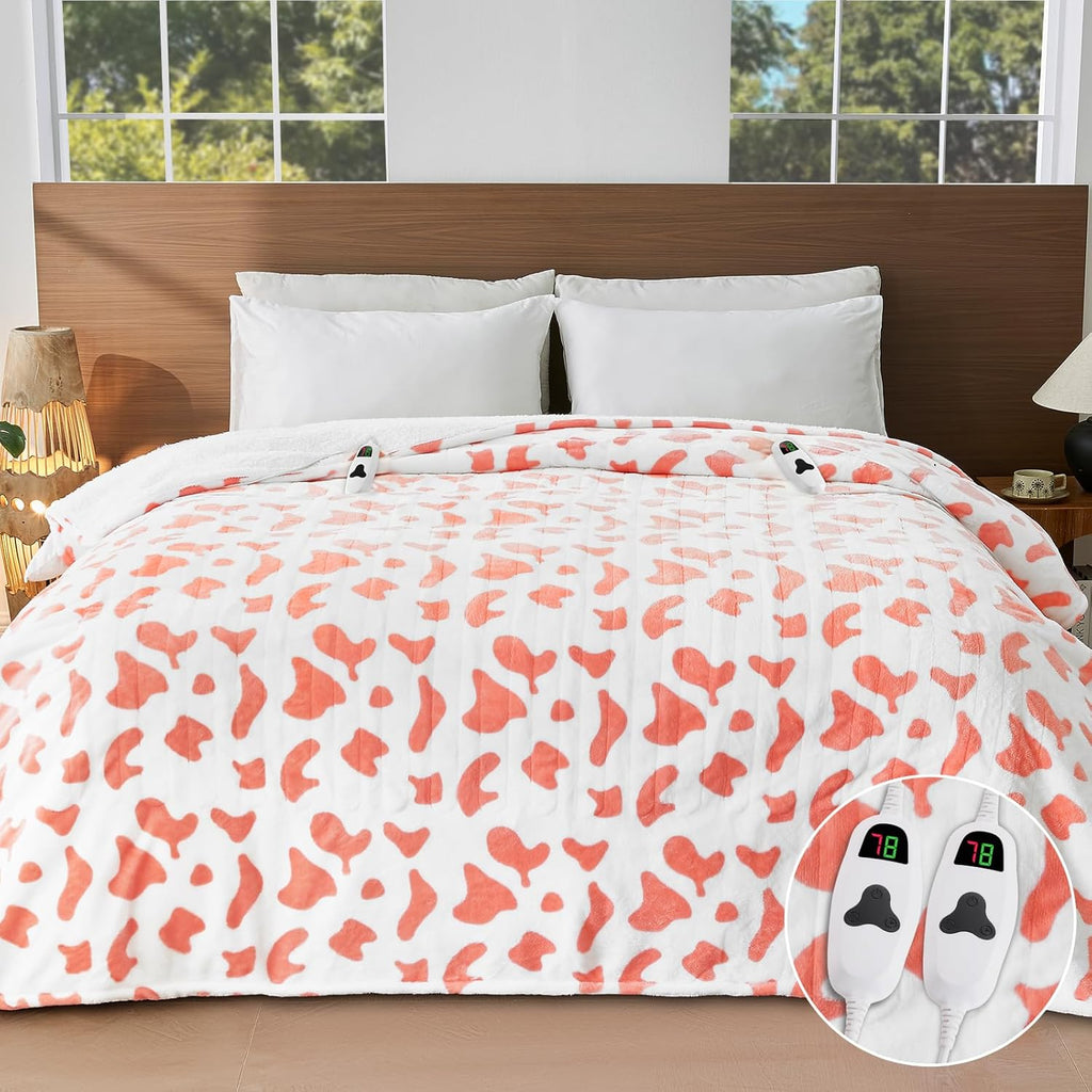 Cow Print Electric Heated Blanket Queen Size,84X90 Pink Heating Blanket Queen with Dual Control&Timer&10 Heat Levels,Cute Cow Decor Sherpa Blankets Warmer Gifts for Bed Women Adults