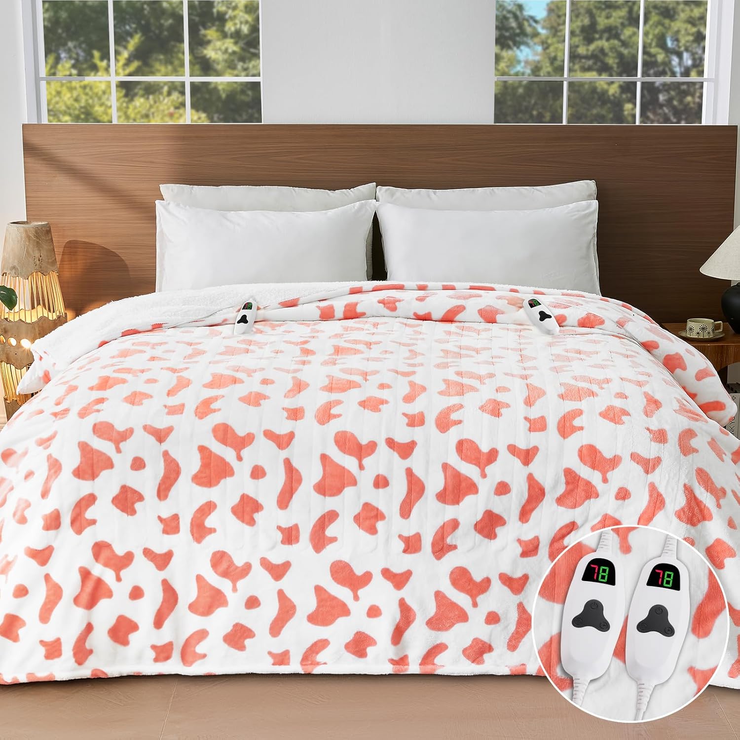 Cow Print Electric Heated Blanket Queen Size,84X90 Pink Heating Blanket Queen with Dual Control&Timer&10 Heat Levels,Cute Cow Decor Sherpa Blankets Warmer Gifts for Bed Women Adults