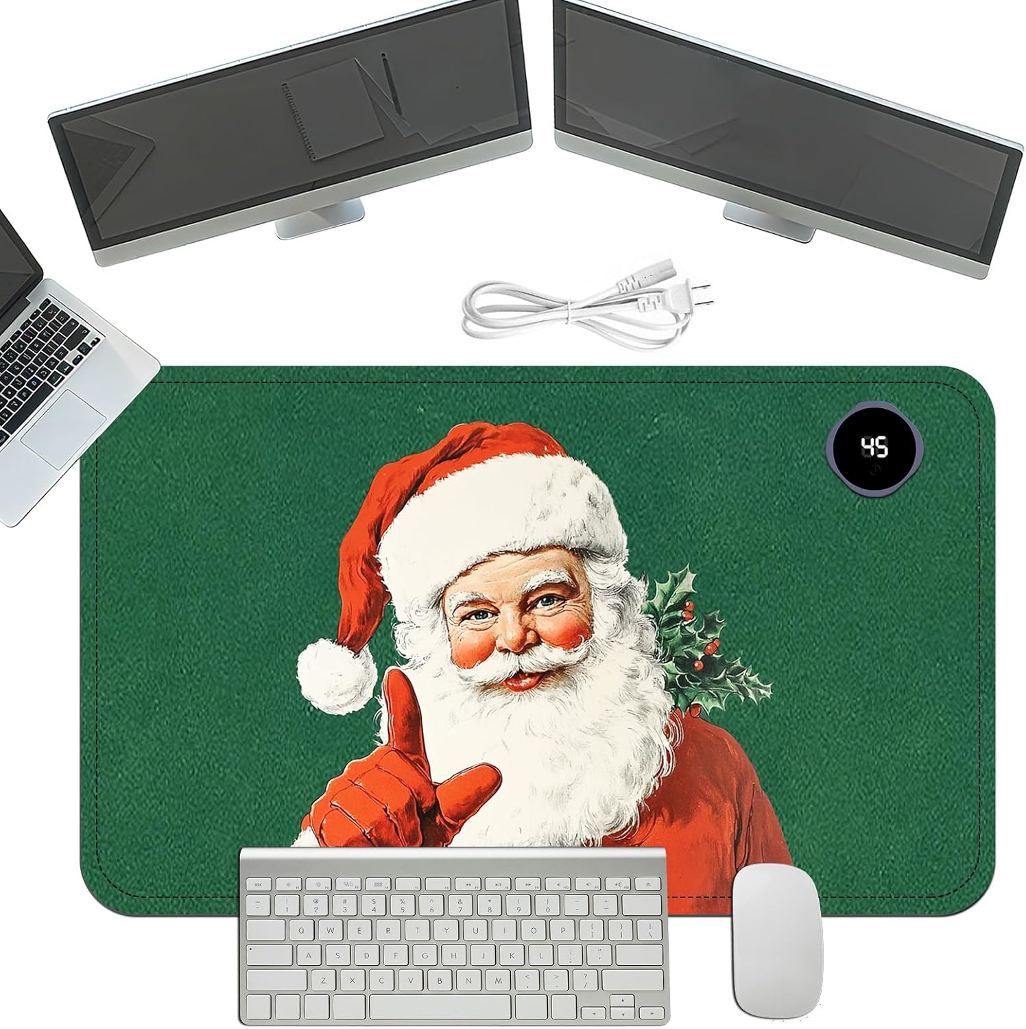 Heated Mouse Pad with 3 Temperature Settings(104°F–122°F),Large 24x14.2 Inch PU Leather Heated Desk Mat,Waterproof Warming Pad for Office,Gaming & Cold Hands Relief,Santa Christmas
