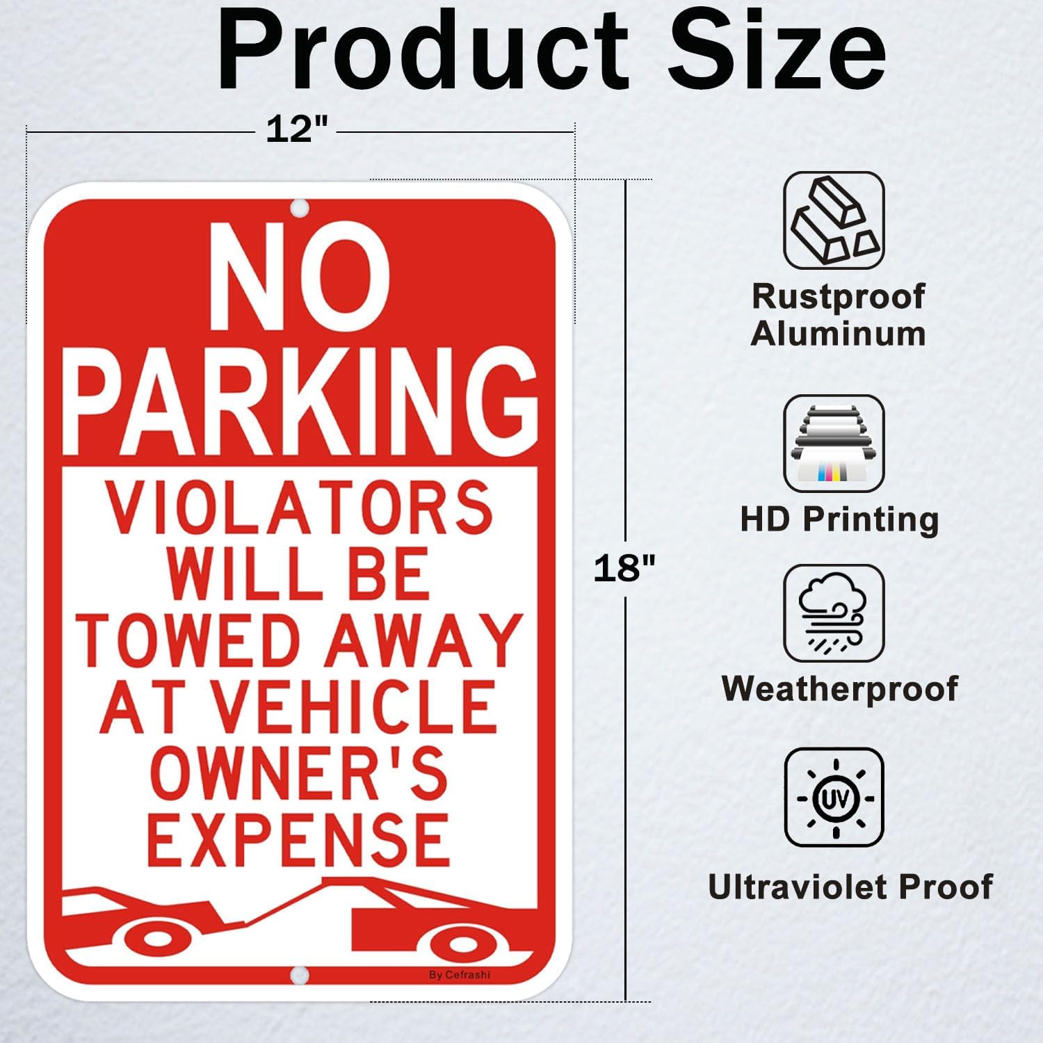 Large No Parking Sign, Violators Will Be Towed Away at Vehicle Owner's Expense Sign, 18x12 Inches Reflective Rust Free Aluminum sign, Weather Resistant, Waterproof, Fade Resistant