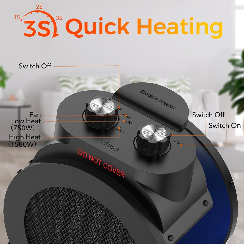 1500W Electric Space Heater with 90 Adjustable Angle, Overheat Protection, Heater for Garage, Office, Indoor Use