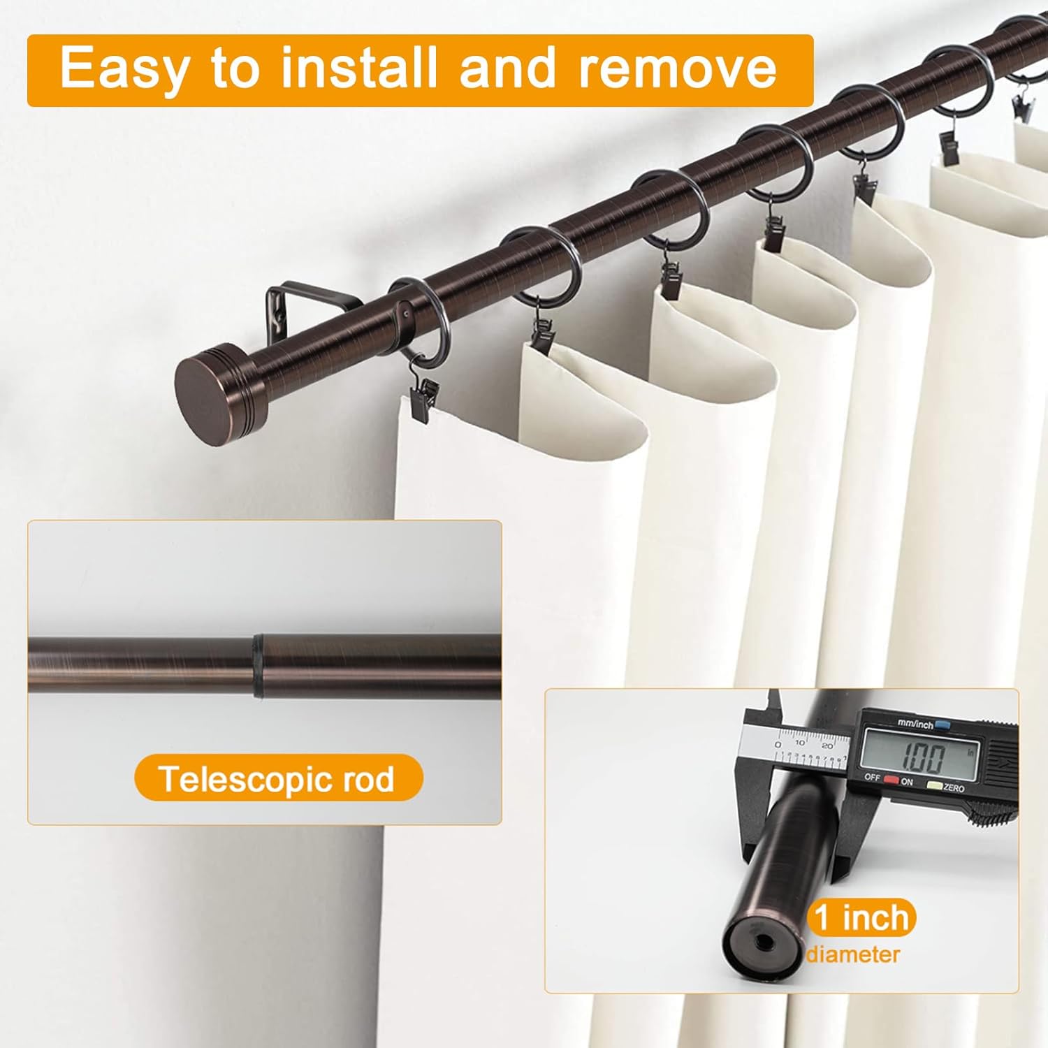 Adjustable Curtain Rods-18 to 88 Inches,1 Inch Modern Metal Drapery Rods, Adjustable Heavy Duty Curtain Pole with Simple End Caps