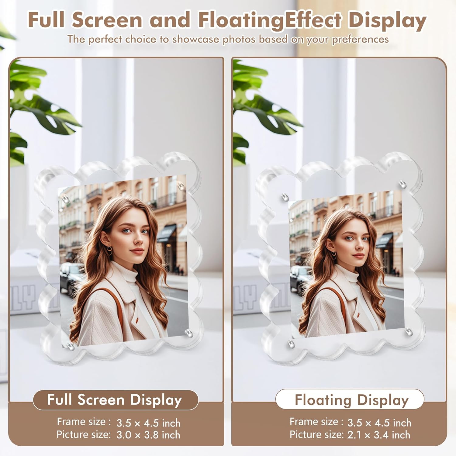 Acrylic Photo Frame 2×3inch - 3Pack Magnetic Picture Frames with 10+10mm Thick Block, Scalloped Edge Design, Double-Sided Magnet Frames for Modern Desktop Display (Clear, 2x3)