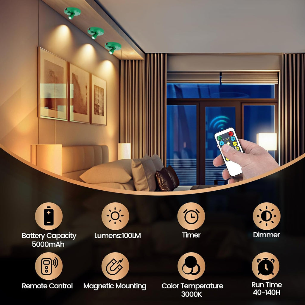 Cordless Spotlight Battery Operated, Rechargeable Plant Spot Lights, Dimmable Accent Lighting with Remote, LED Uplight for Picture Tree Painting Gallery Portrait Dartboard Art Photo, Green