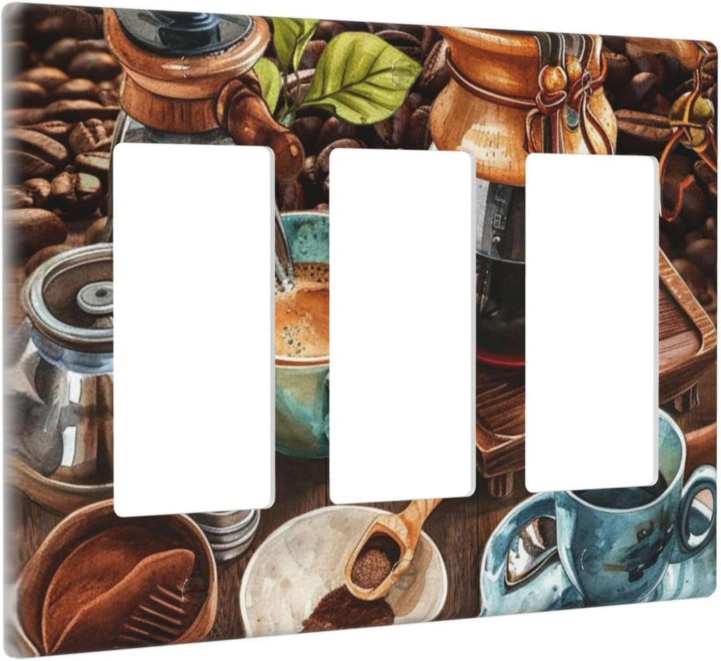 Decorative Outlet Covers Retro Coffee Maker Beans Cup 3 Gang Wall Plate Triple Rocker Light Switch Cover Plate Jumbo Electrical GFCI Faceplate for Kirchen Home Decor