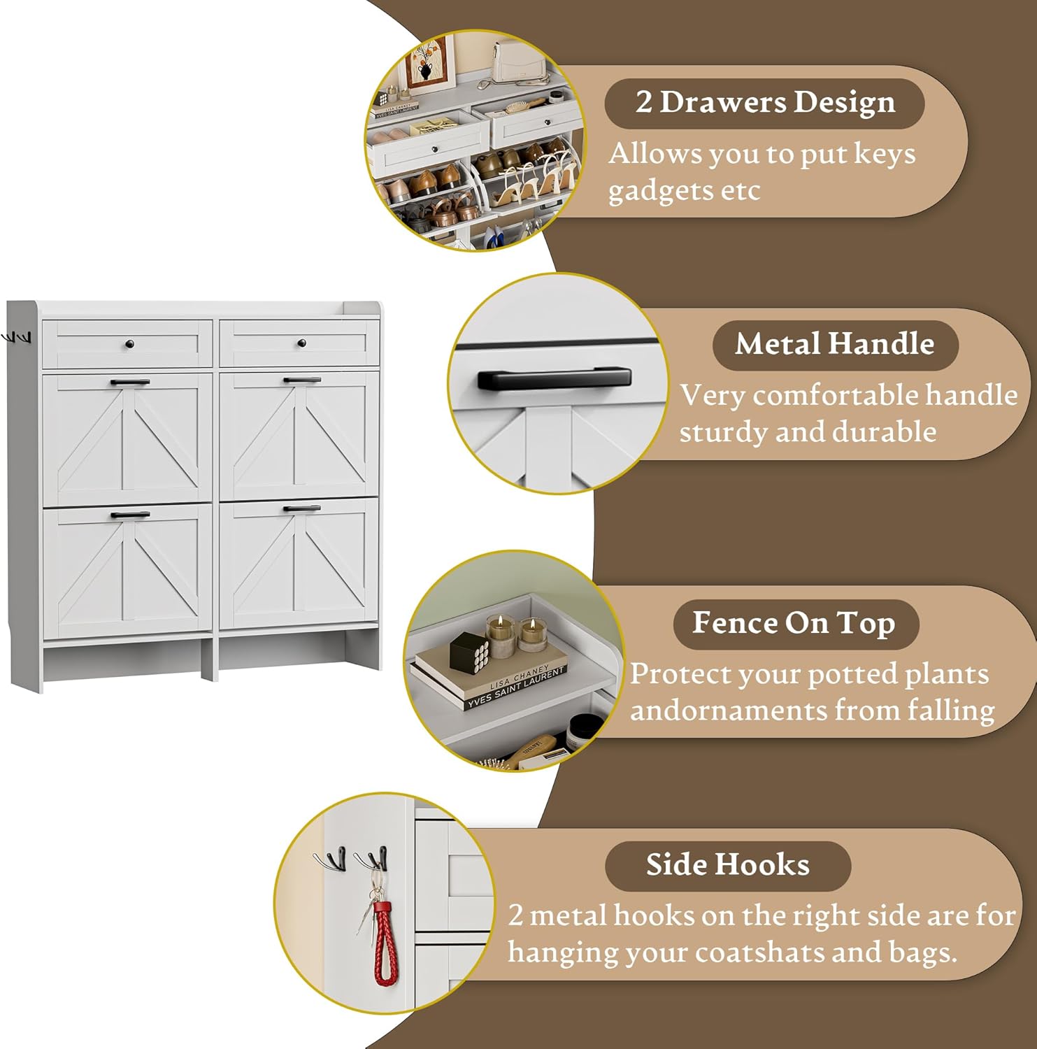 Shoe Storage Cabinet for Entryway, Farmhouse Wide Shoe Cabinet with 4 Flip Drawers and 2 Top Drawers, Freestanding Organizer with Adjustable Shelves, Hooks, and Anti-Tip Kit for Hallway