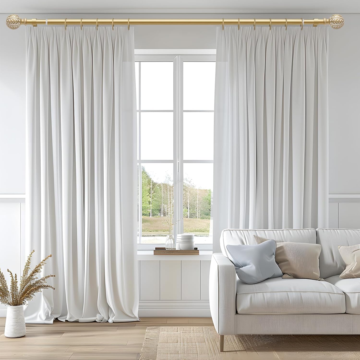 2 Pack Gold Curtain Rods for Windows 48 to 84 inch,1" Adjustable Heavy Duty Window Curtain Rod with Leaf Finials,Rustic Decorative Drapery Rods Set,Size:36-88''