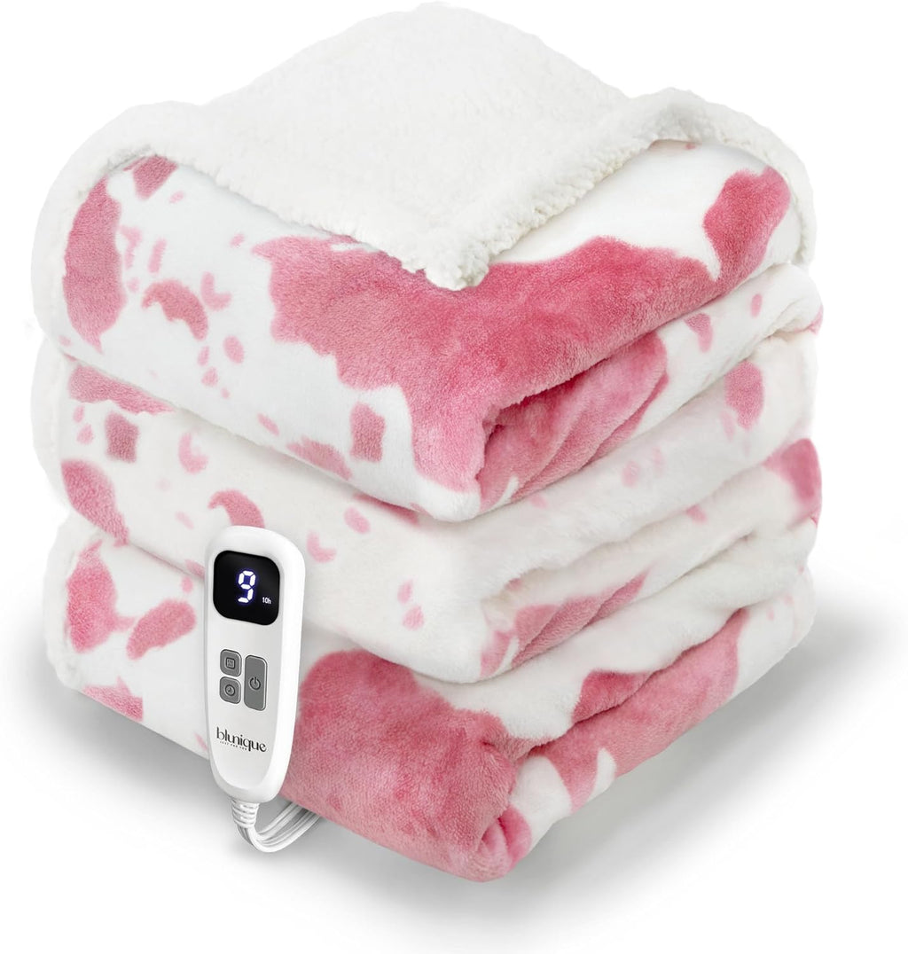 Cow Print Heated Blanket Full-Heating Electric Blanket Full with 10 Heat Levels & 10 Hours Auto-Off, Cozy Soft Fleece Sherpa, Washable, 72 x 84 Inches Cow Print Pink