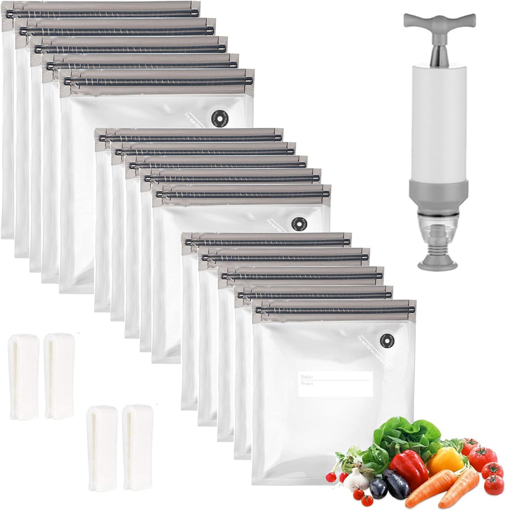 Sous Vide Bags 20pack Reusable Vacuum Food Storage Bags with 3 Sizes Vacuum Food Bags,1 Hand Pump,4 Sealing Clips for Food Storage and Sous Vide Cooking (Gray Kit)