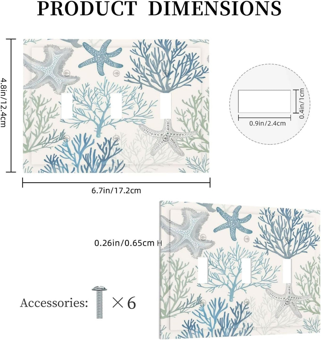 Decorative Switch Plates Ocean Beach Theme Starfish Seashell Coral 3 Gang Wall Plate Triple Toggle Light Switch Cover Faceplate Electrical Wall Panels For Bathroom Kids Room Decor