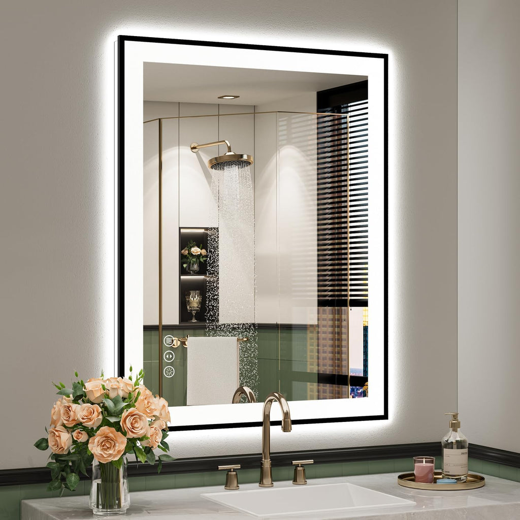 28x36 Inch LED Bathroom Mirror with Lights (Front Lit and Backlit) Black Framed Lighted Vanity Mirror for Bathroom Wall Dimmable Anti-Fog Memory Tempered Glass Horizontal/Vertical