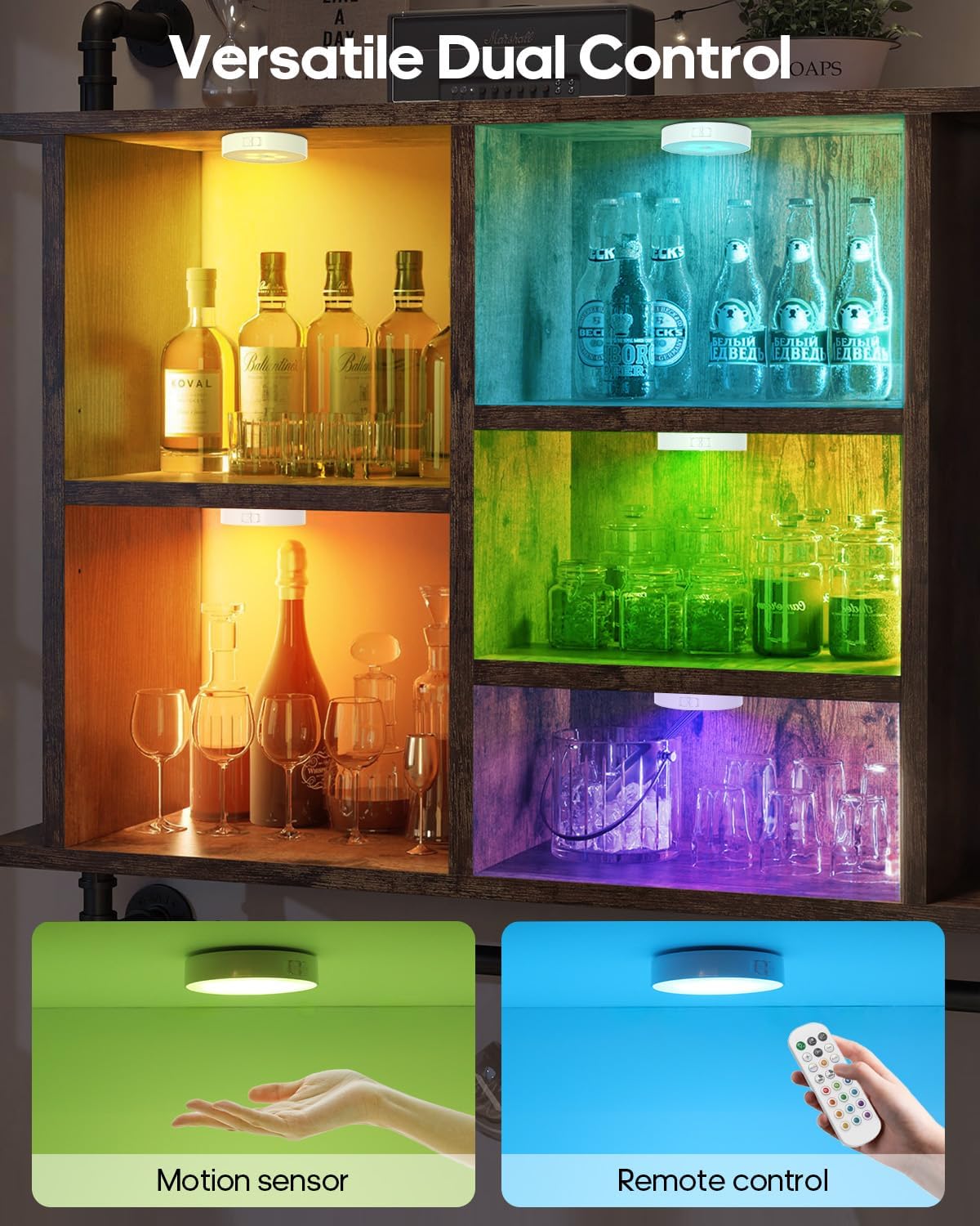 6-Pack RGB Rechargeable Puck Lights with Remote, 13 Color Motion Sensor Puck Lights, Magnetic Stick on Light, Dimmable Under Cabinet Lights for Shelf, Bedroom, Kitchen
