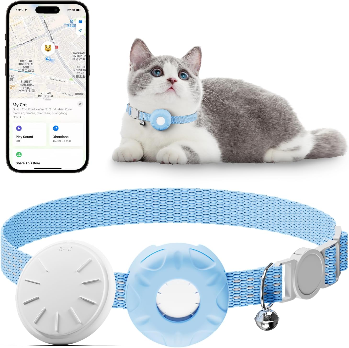 Cat GPS Tracker, Waterproof Pet Tracker for Cats, Cat GPS Tracker Collar with Safety Elastic Buckle, Works with Any Collar,Compatible with Apple Find My App (Only iOS), No Monthly Fee, Blue