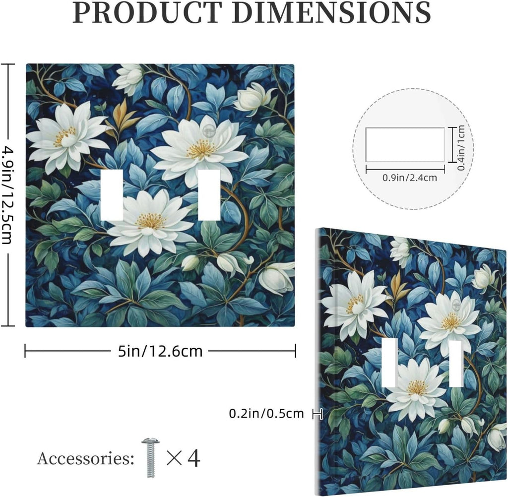 White Flowers Green Leaves Light Switch Covers Double Toggle 2 Gang Wall Plate Dual Decorative Switchplate Electrical Faceplate for Farmhouse Living Room Decor
