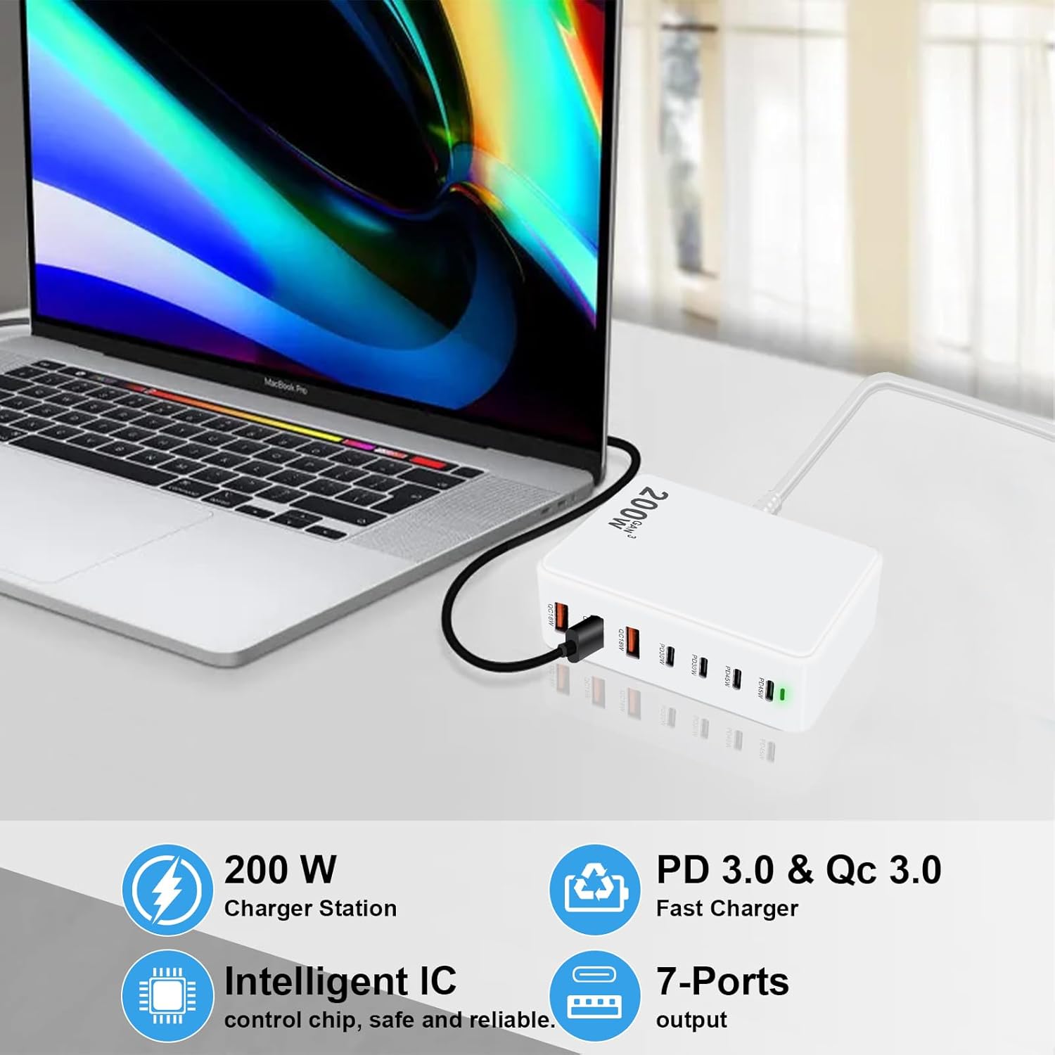 USB C Charger 200W USB C Charger Block, Upgraded GaN 7-Port Fast Charging Station Hub, Laptop Charger Adapter, Compatible with MacBookAir/Pro, DELL, iPhone16/15, iPad, Steam (White)