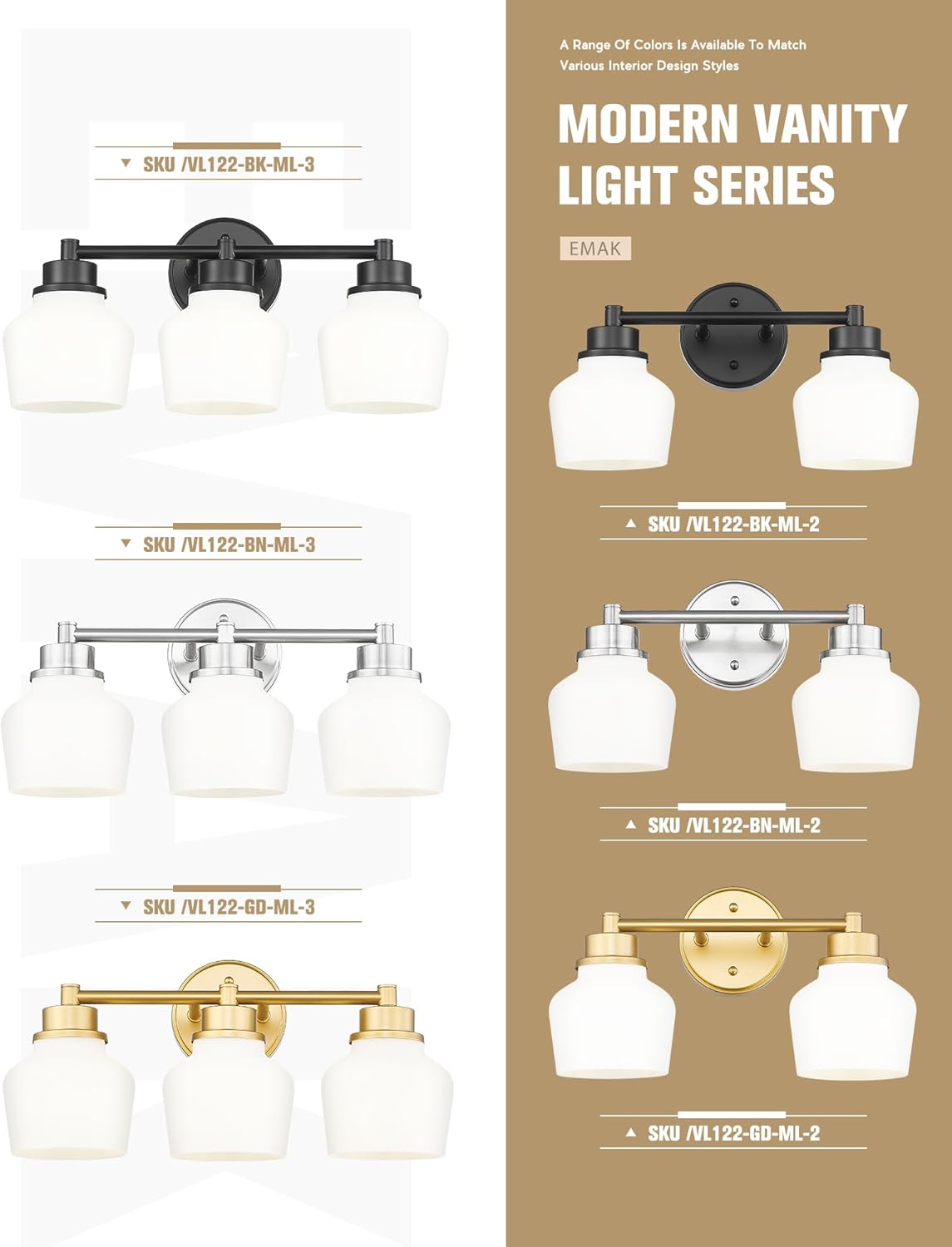 Emak Brushed Nickel Vanity Lights, Modern Milk Glass Bathroom Light Fixtures, 3-Light Bathroom Vanity Light Over Mirror, VL122-BN-ML-3