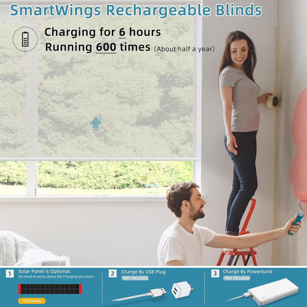 SmartWings Motorized Smart Roller Shades in Light Filtering, Electric Blinds with Remote for Windows Compatible with Alexa/Google Home/Homekit, Customized, PVC Free Pearl 5% Openness