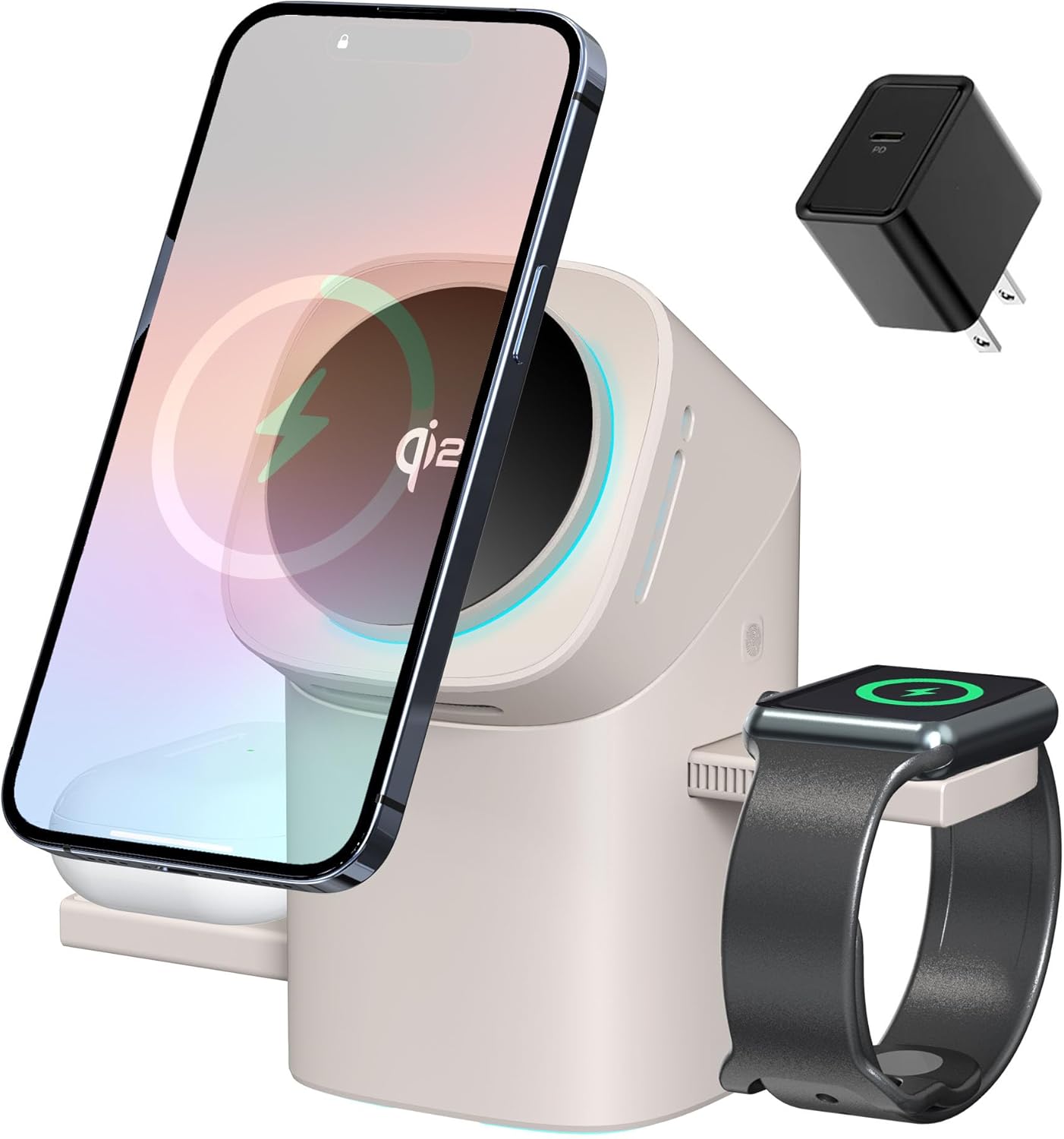 3 in 1 Wireless Charging Station for iPhone 17/16/15/14/13/12 Pro Max, Qi 2 Certified 15W Fast Charging Magnetic Charger Stand for Magsafe Phone, AirPods, Smart Watch (Desert Color)