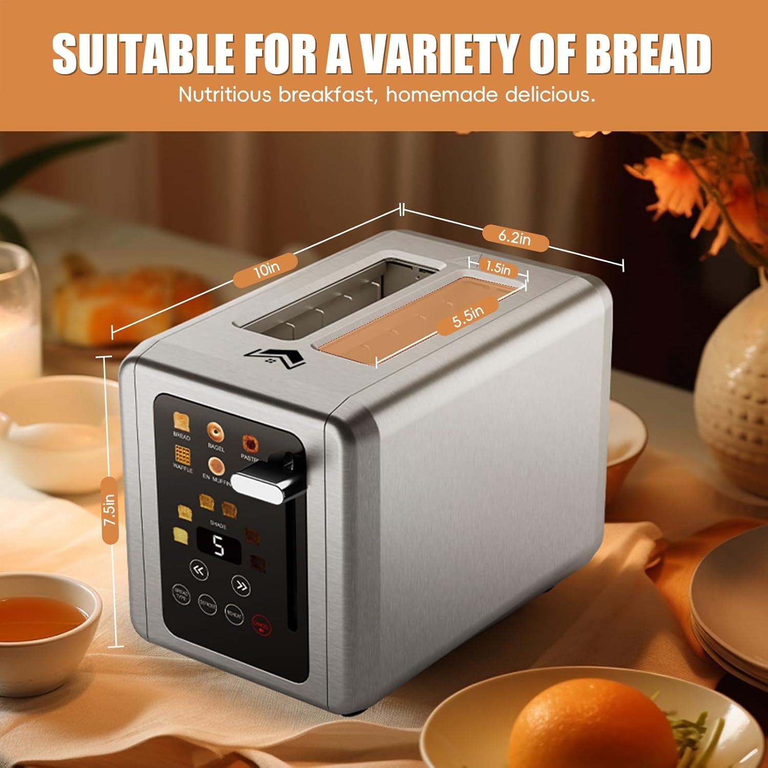 2 Slice Toaster,Touchscreen & Dual Independent Control Panel,5 Basic Functions & Digital Countdown Toasters,6 Shade Settings＆6 Bread Types,Smart Bread Maker Mute/Screen-Off,Titanium