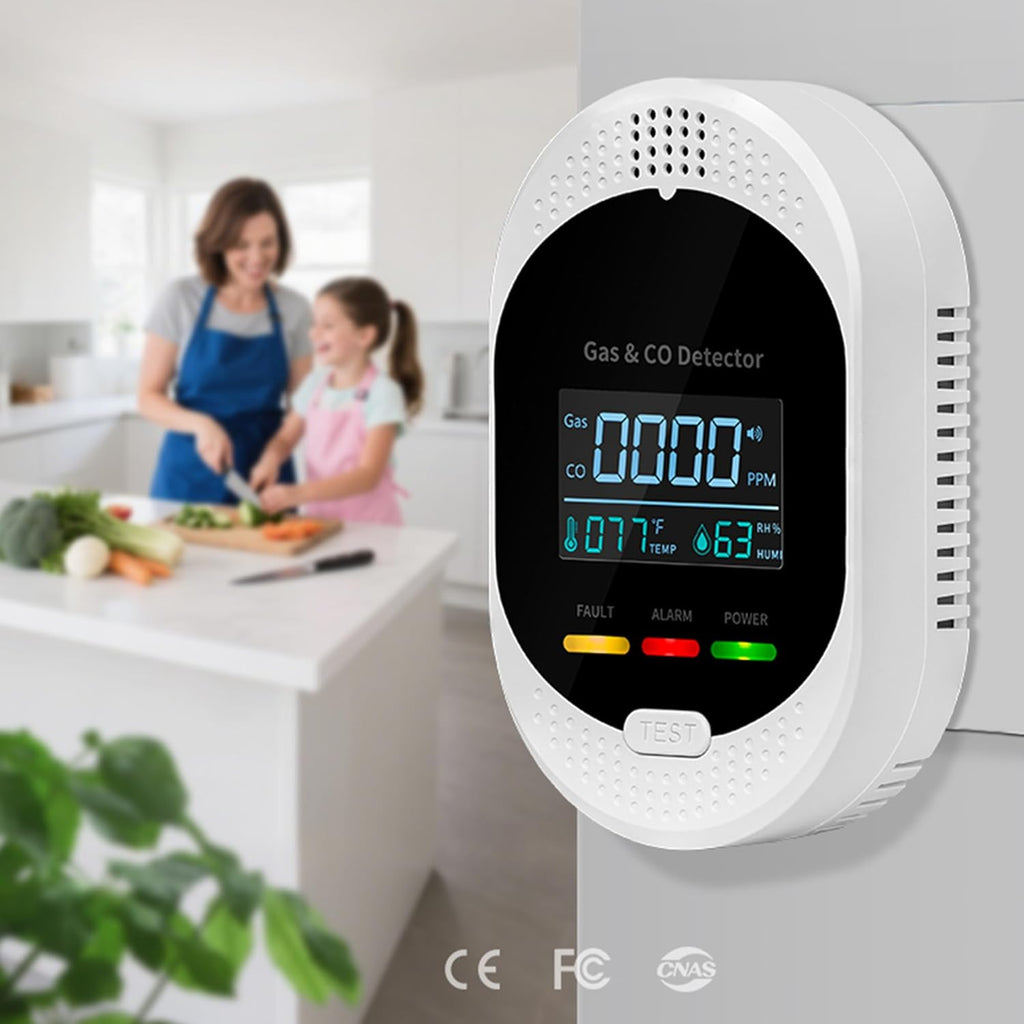 4-in-1 Carbon Monoxide & Natural Gas Detectors with Temperature/Humidity LCD Display, Plug in Co Leak Detector Propane Monitor for Home Travel RV Essentials, Sound Alarm Over 85dB, 1PCS