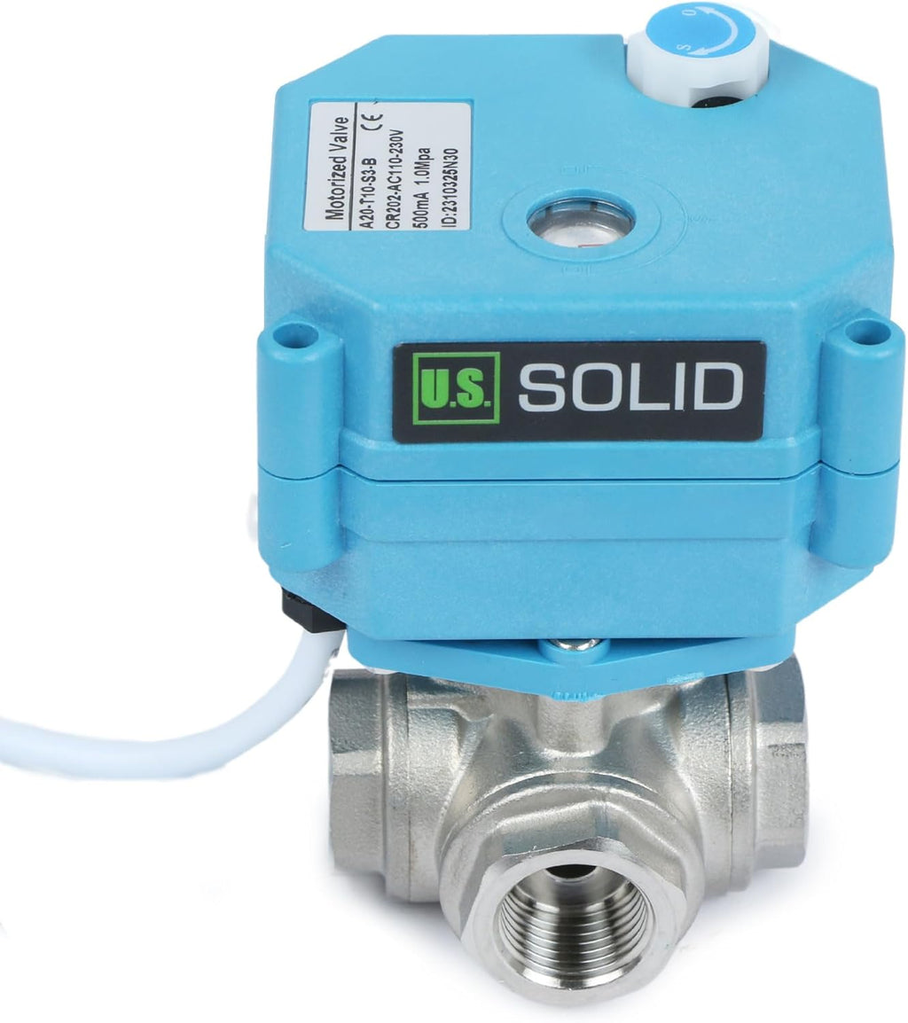 U.S. Solid 3/8" 3 Way Stainless Steel Motorized Ball Valve AC110-230V, L Type Water Shutoff Valve with Manual Function, Standard Port