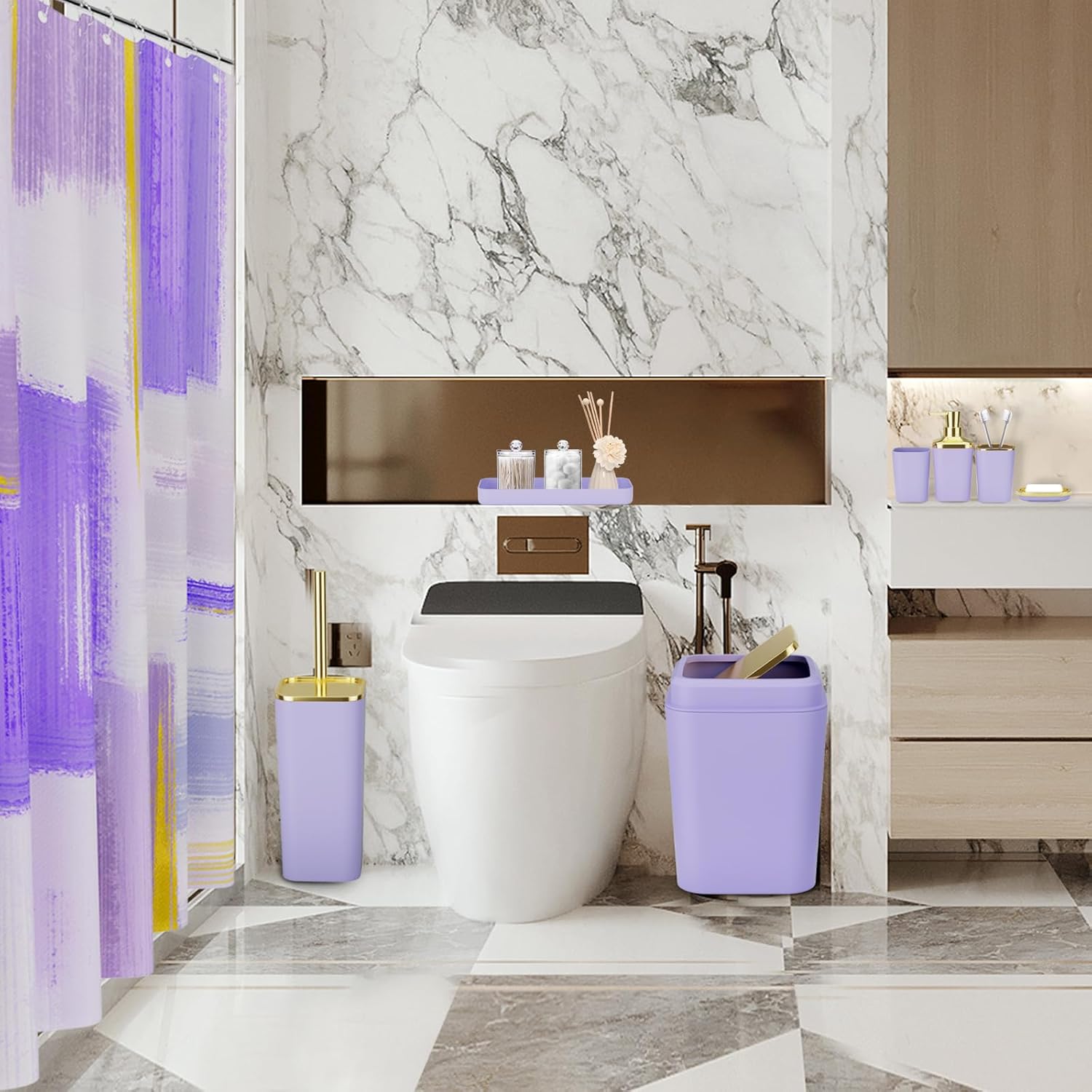 Purple Bathroom Accessories Set, Bathroom Sets with Shower Curtain, Purple Bathroom Accessories with Trash Can, Soap Dispenser, Soap Dish, Toilet Brush Holder, Qtip Holders for Bathroom