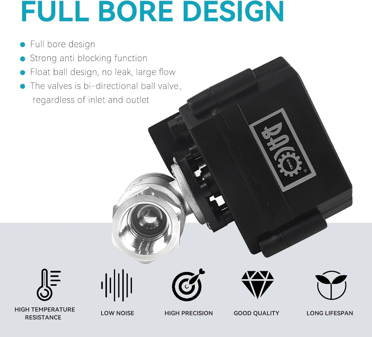 BACOENG Motorized Ball Valve, 2 Wire Auto Return 1/2" Stainless Steel Electrical Ball Valve with Full Port, AC/DC9-24V Manually Closable (Normally Closed), Black