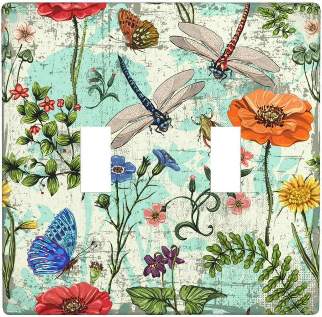 Dragonflies Flowers Butterfly 2 Gang Double Toggle Outlet Light Switch Cover Decorative Wall Plate Cover For Home Living Bedroom Kitchen Decorative